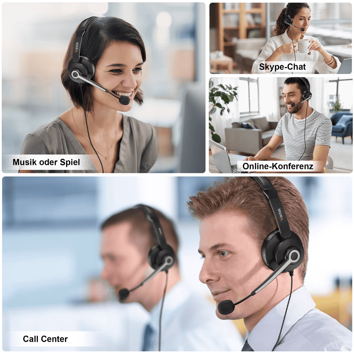 Wantek USB Headset with Microphone for PC, Laptop, 3-in-1 Computer Headset with Noise Cancelling and Audio Controls, USB Headphones for Call Center, Work, Office