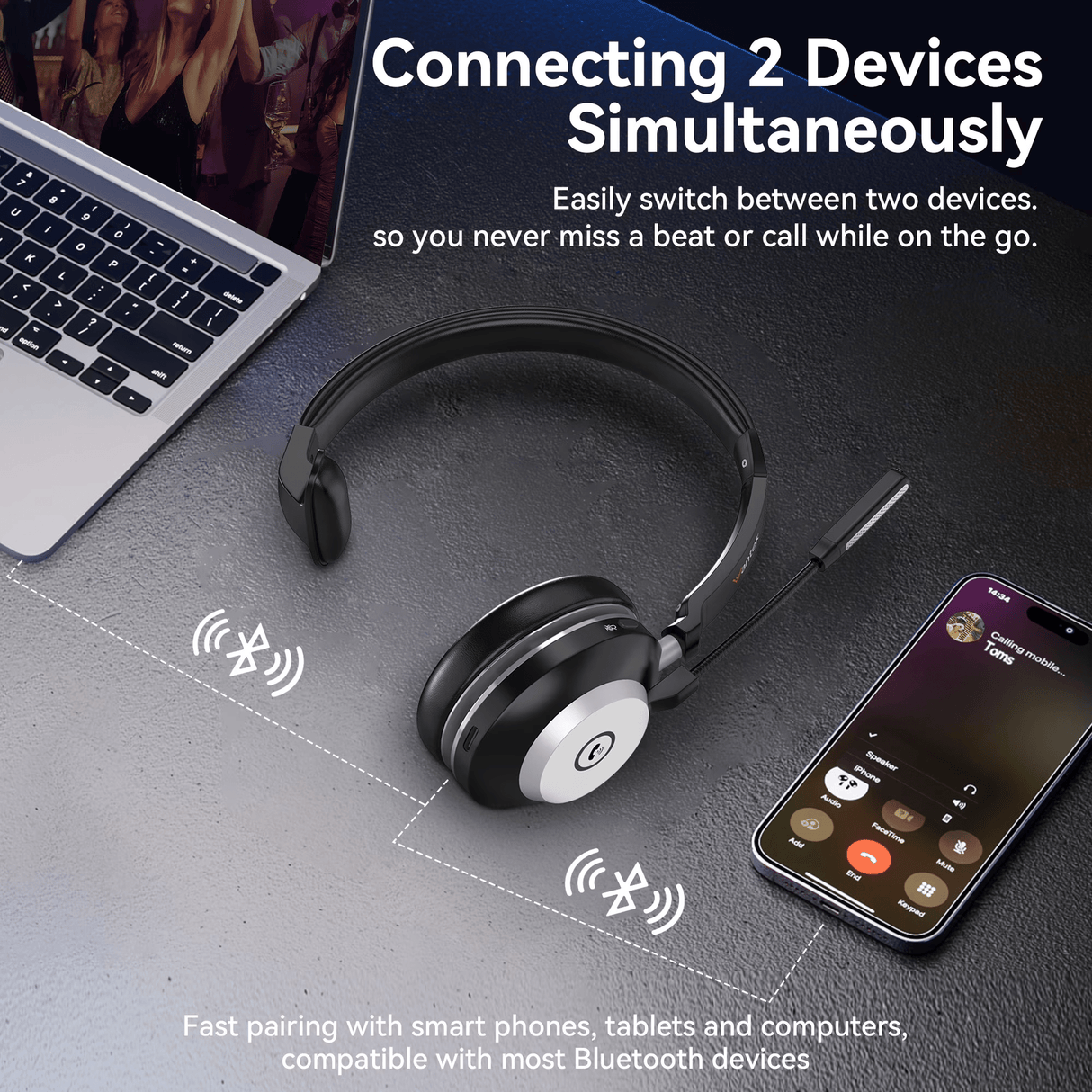 Wantek Wireless Headset with Mic for Work with AI Noise Cancelling Microphone Bluetooth Headset with 2.4G USB Dongle & Mic Mute for Laptop/Computer/Cell Phones/Office/Remote Work/Call Center/Zoom/Sky