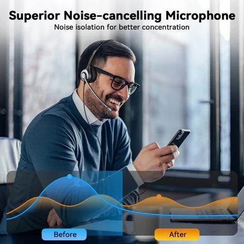 Man wearing Wantek wired headset with superior noise-cancelling microphone for clear business calls