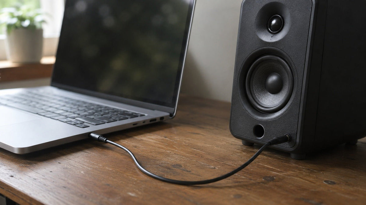 3.5 mm audio cable connecting a laptop to powered desktop speakers
