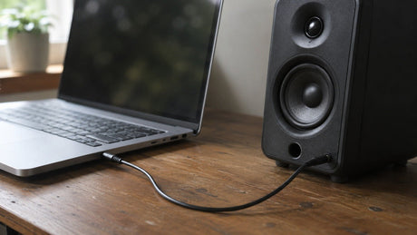 3.5 mm audio cable connecting a laptop to powered desktop speakers