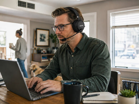 Wantek home office headset used for a professional call in a shared workspace