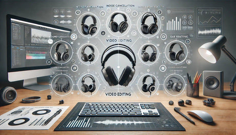 Desk setup with computer and keyboard showing multiple noise-canceling headphones for video editing audio quality analysis