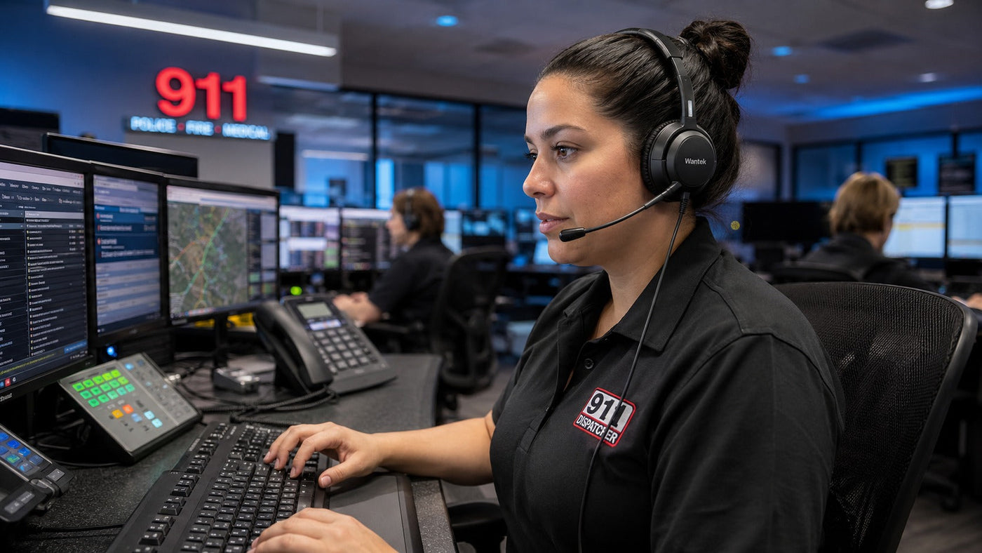 911 dispatcher using a Wantek headset at a professional emergency communications workstation