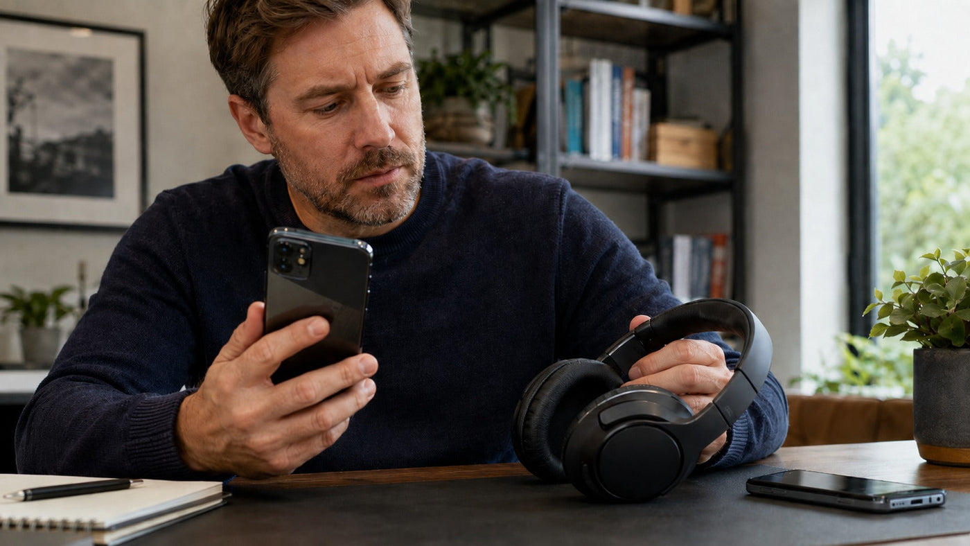Bluetooth headphones being paired with a new smartphone at a home-office desk