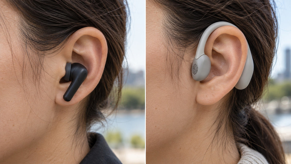 Close-up comparison of an in-ear earbud and an open-ear ear-hook earbud.