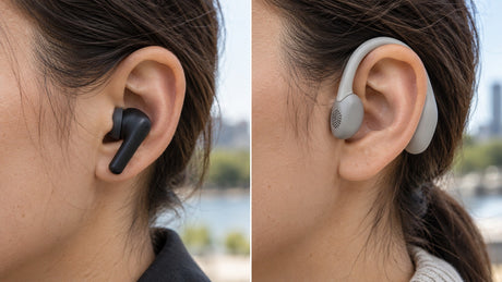 Close-up comparison of an in-ear earbud and an open-ear ear-hook earbud.