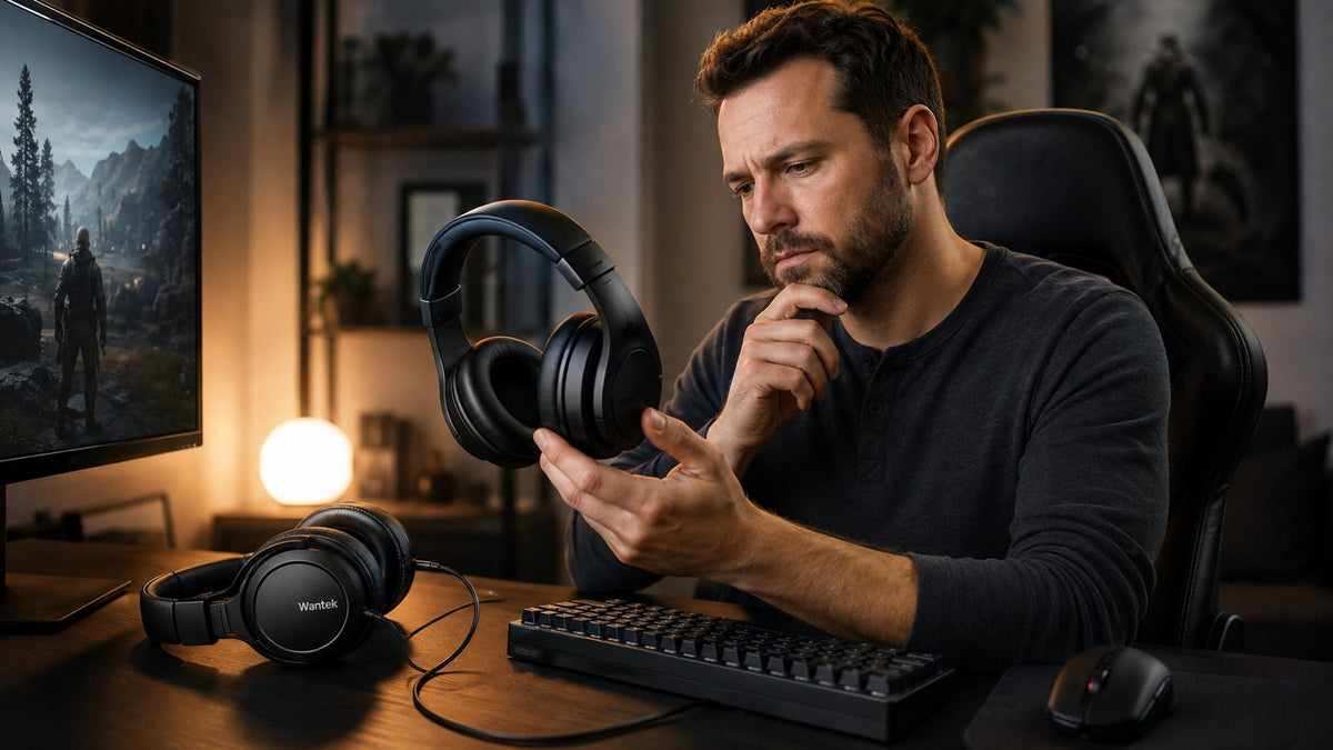 PC gamer comparing wired and wireless gaming headsets at a desk