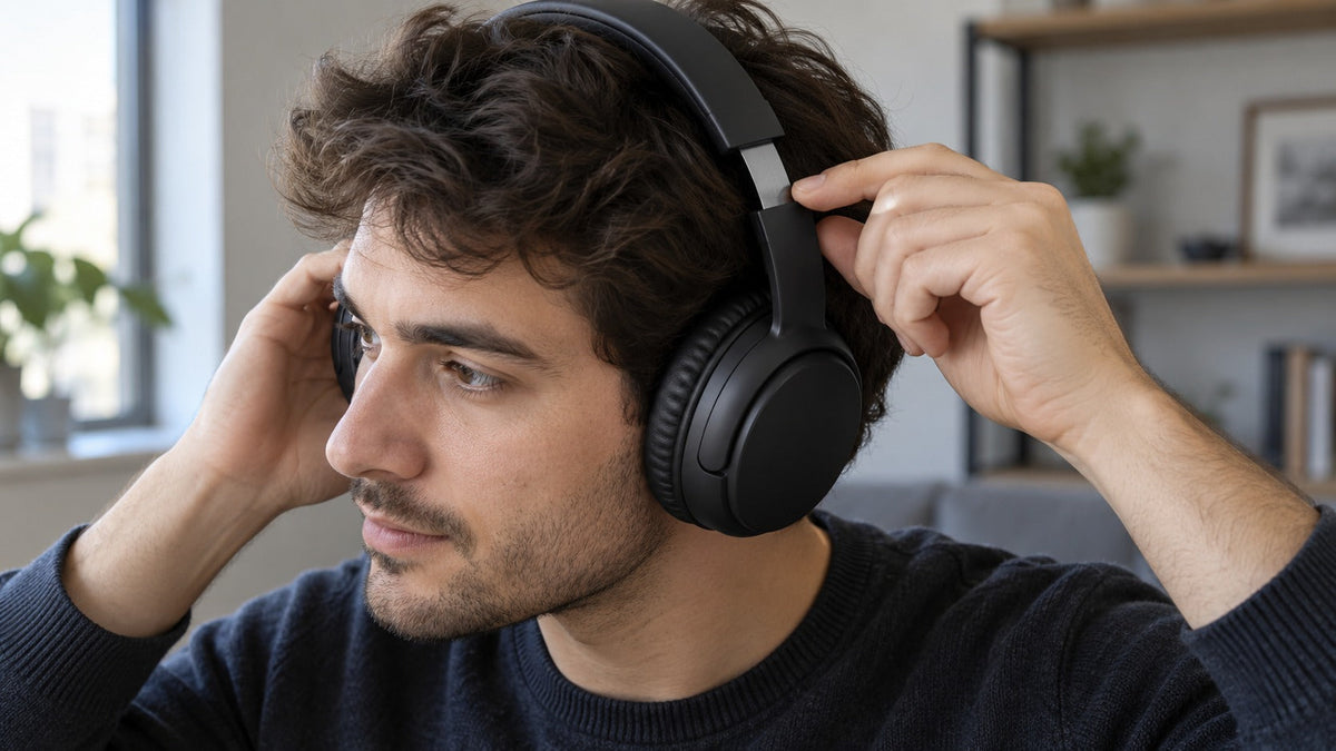 Person adjusting the headband slider of over-ear headphones.