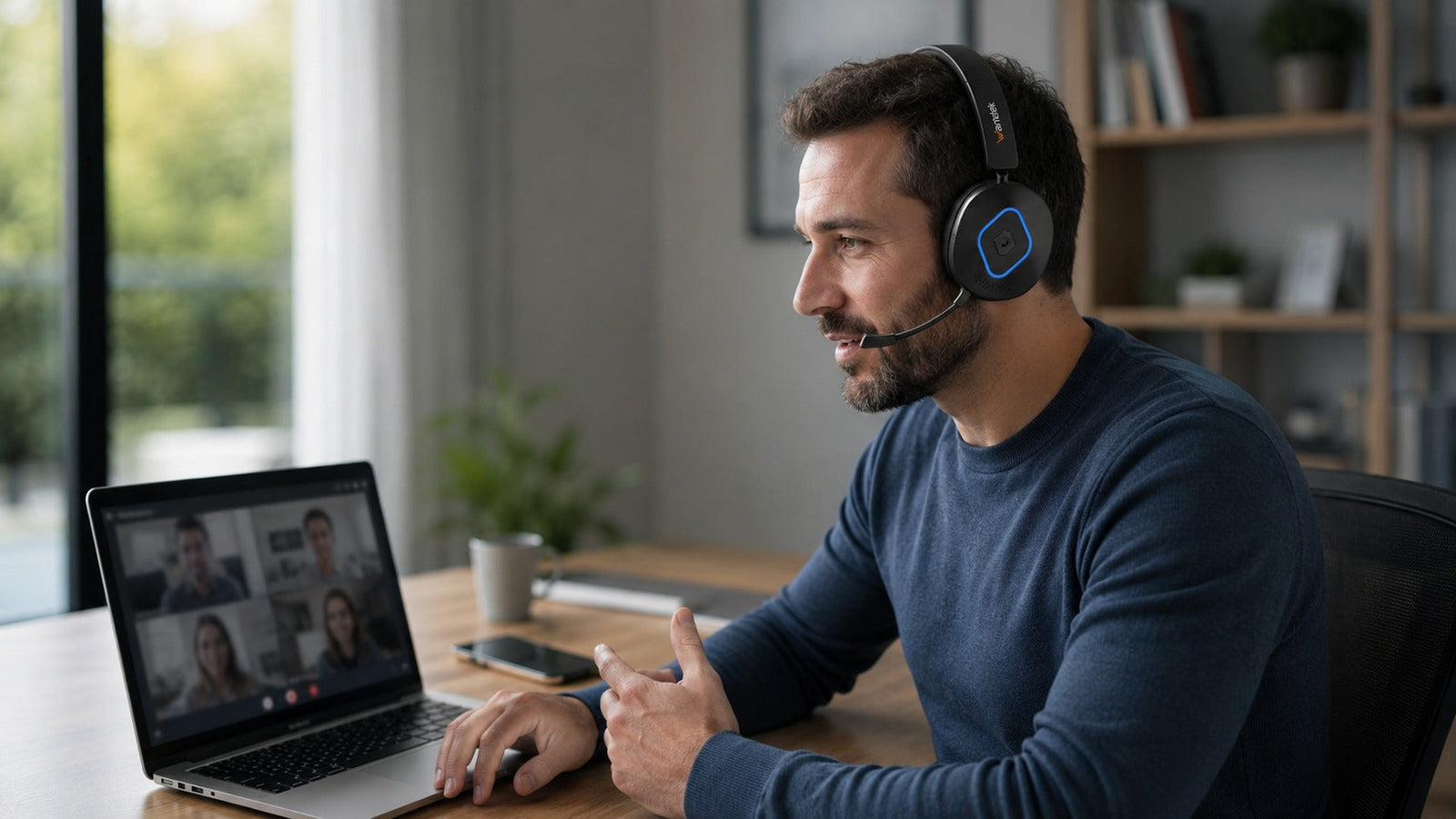 Remote professional using a Wantek 186BTC headset for laptop meetings and mobile calls