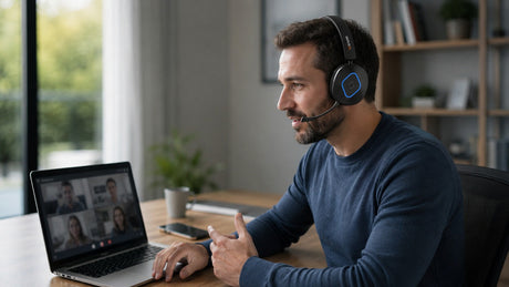 Remote professional using a Wantek 186BTC headset for laptop meetings and mobile calls