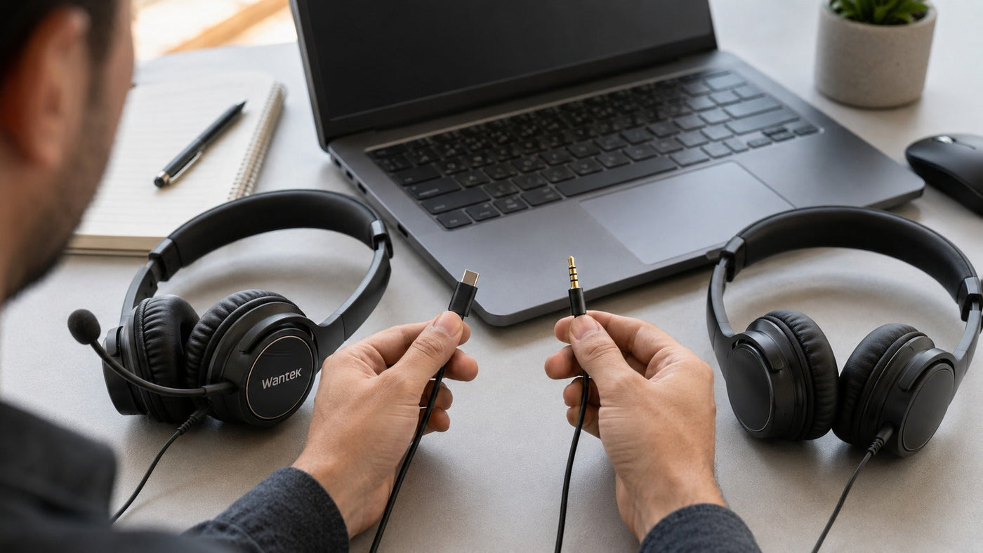 USB-C and 3.5mm headsets compared beside a laptop for wired audio compatibility