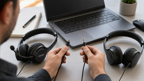 USB-C and 3.5mm headsets compared beside a laptop for wired audio compatibility