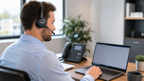 Wantek office headset used with desk phone and computer in a hybrid communications workspace