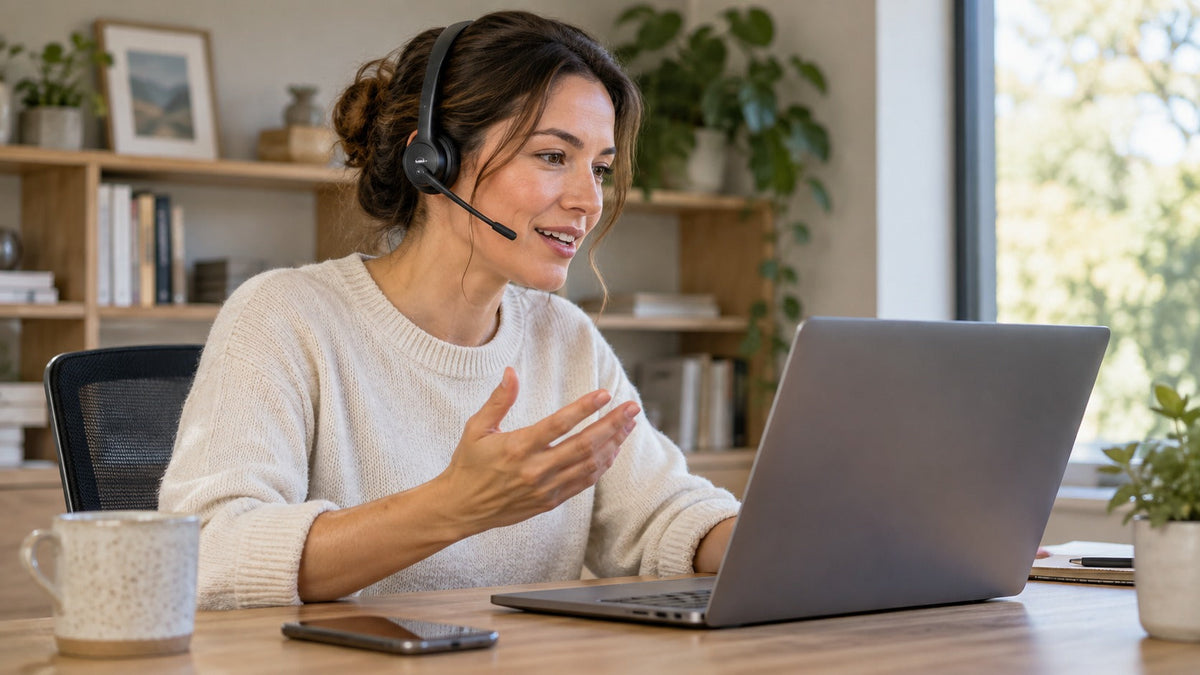 Woman using a lightweight single-ear wireless headset during a home office call