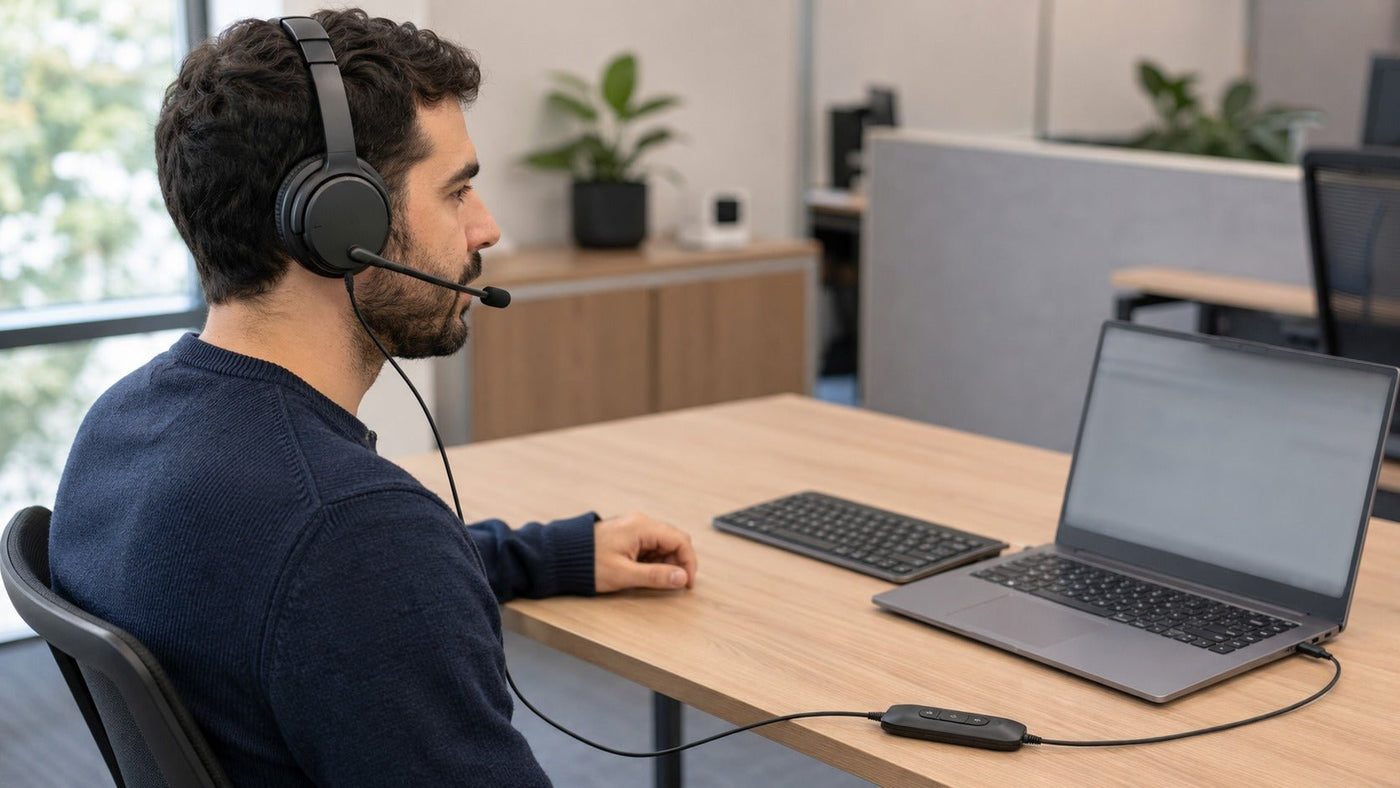 Wantek dual-ear wired work headset connected by USB-C at a fixed office workstation