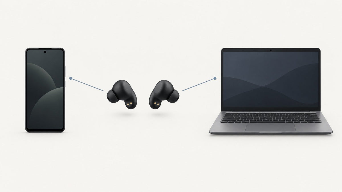 Generic wireless earbuds connected to both an Android phone and a laptop in a multipoint relationship.