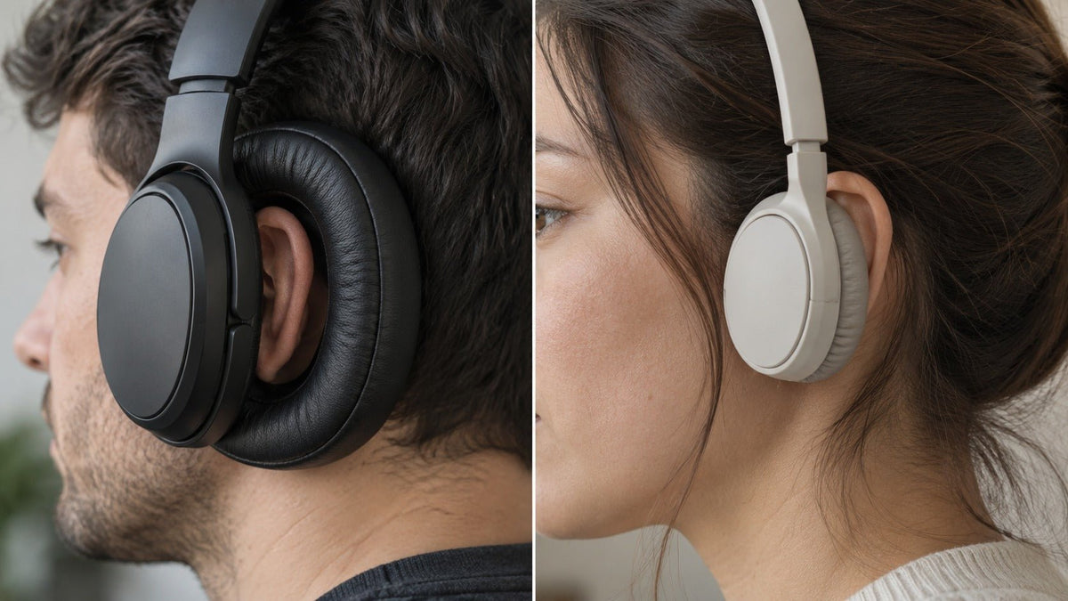 Around-ear cushions surrounding the outer ear compared with on-ear pads resting directly on the ear