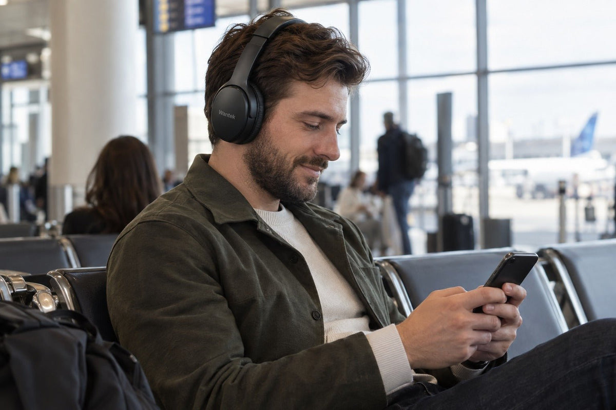 Wantek T3 wireless over-ear headphones worn by a commuter in a transit waiting area