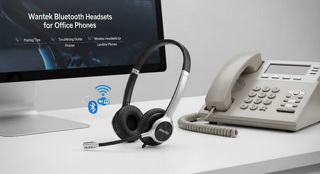 Wantek Bluetooth headset with microphone next to office phone and computer screen showing office phone pairing tips