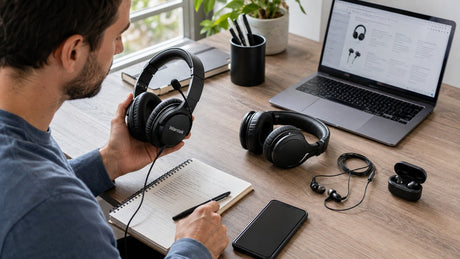 Adult comparing budget headphones under $100 for music, calls, gaming, and commuting