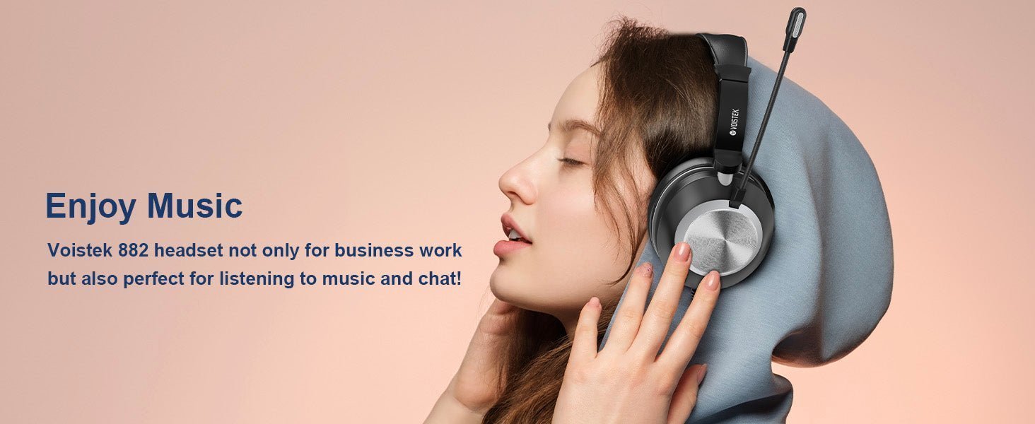 Young woman wearing Voistek 882 business headset with microphone enjoying music on peach background
