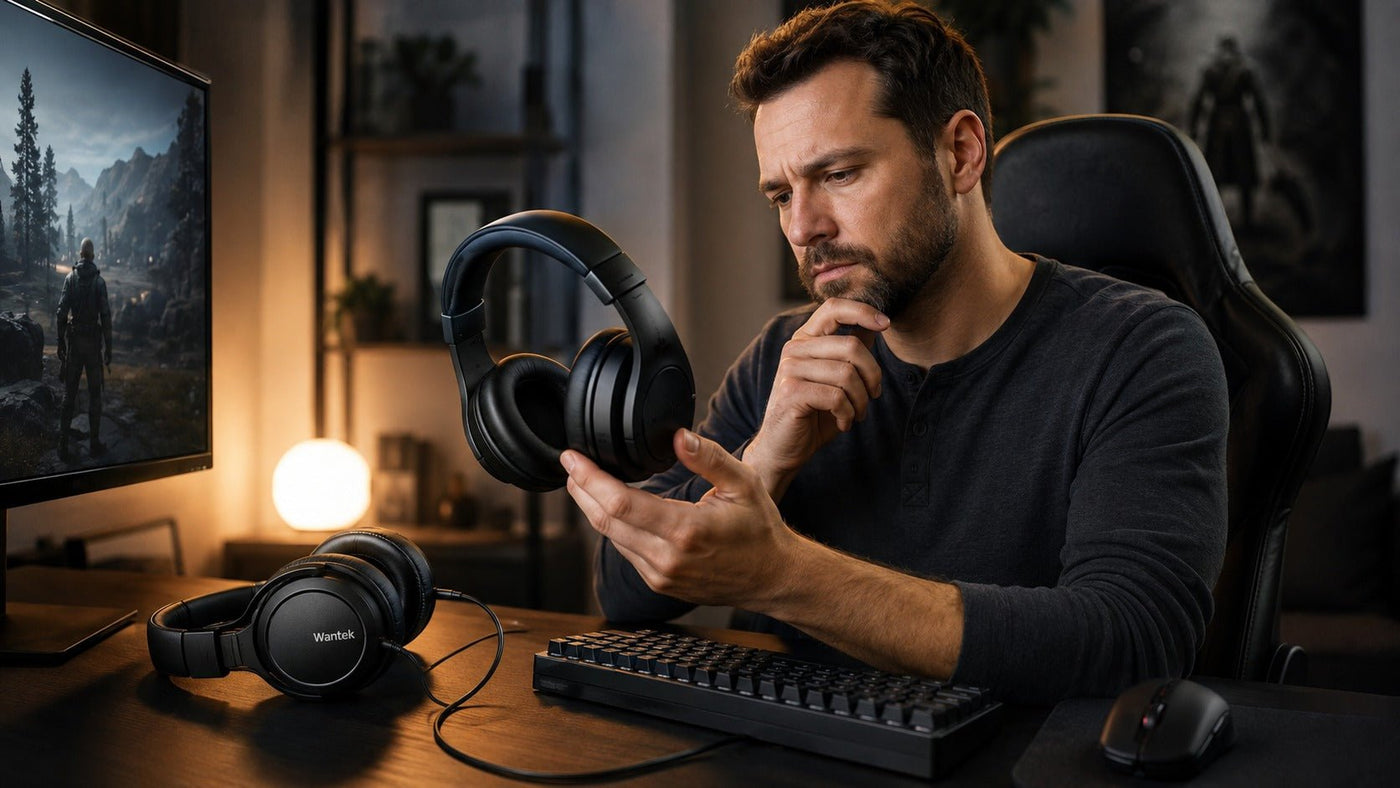 PC gamer comparing wired and wireless Wantek gaming headsets at a modern desk