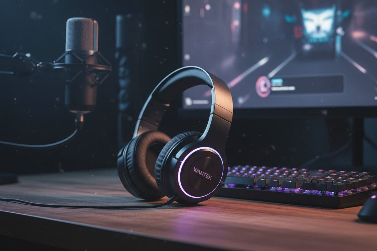 Gaming headset on a desk beside a mechanical keyboard and streaming equipment under subtle LED lighting