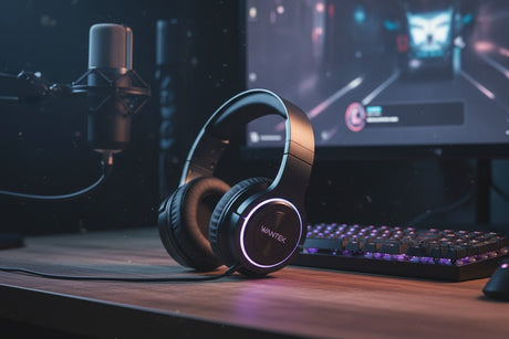 Gaming headset on a desk beside a mechanical keyboard and streaming equipment under subtle LED lighting