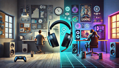 Split workspace and gaming room with large headset in center, speakers, computer setups, and vibrant neon lighting