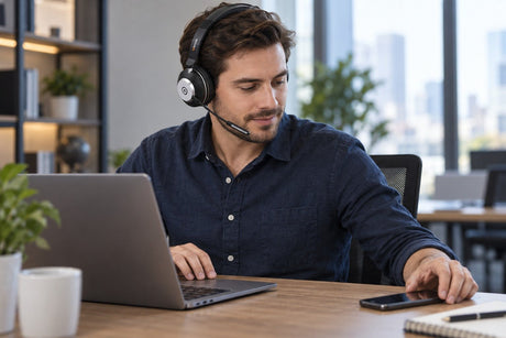 Professional using an over-ear multipoint work headset with a laptop and smartphone