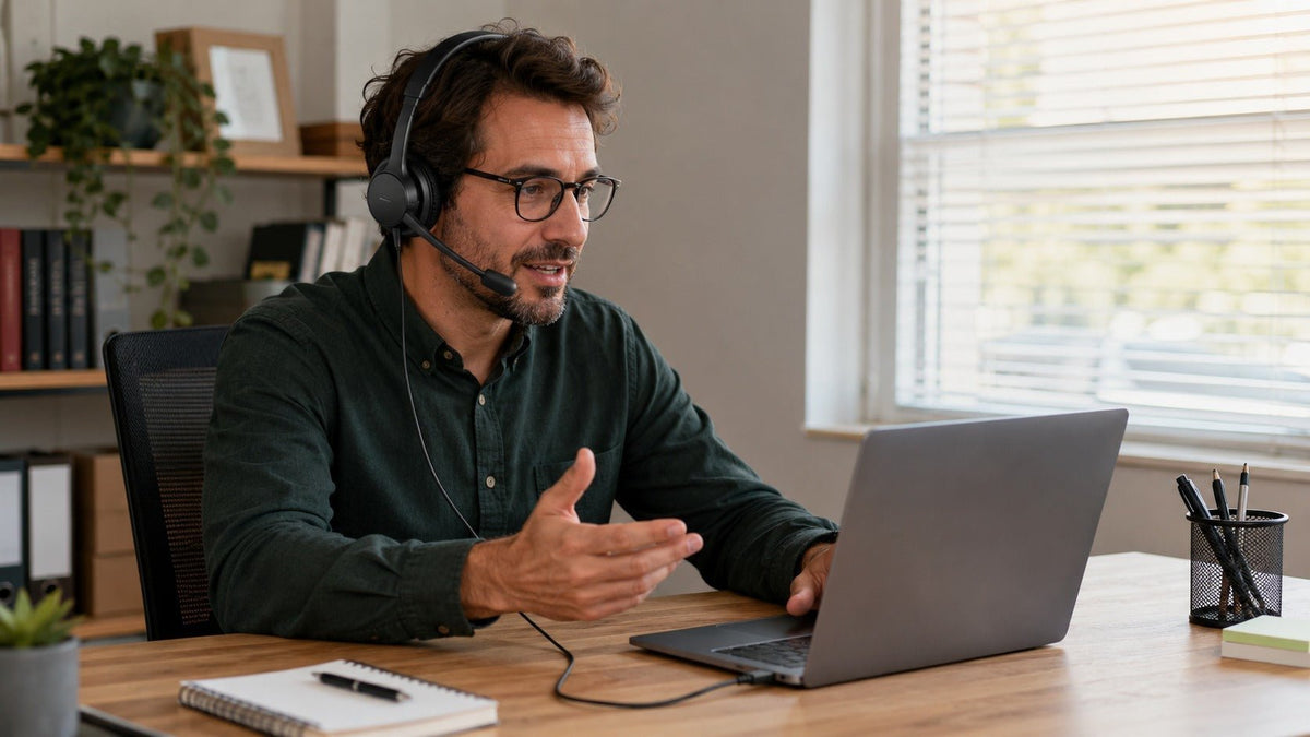 Wired USB office headset with boom mic used for a fixed home-office work call