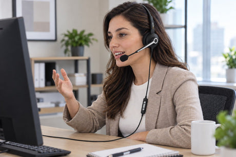 Wantek H600 single-ear USB headset used for a fixed PC call at an office workstation