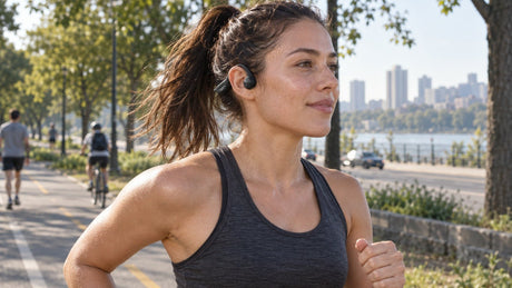 Runner wearing open-ear running headphones on an outdoor shared path