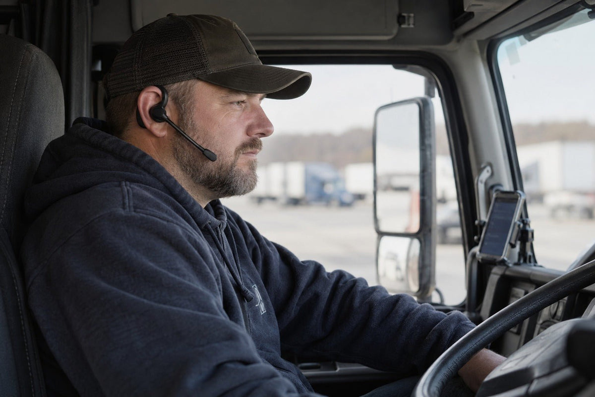 Wantek single-ear Bluetooth trucker headset with boom mic used inside a parked truck cab
