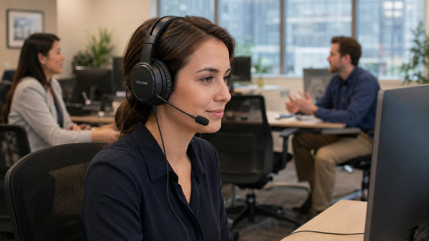 Wantek wired headset with boom microphone used for calls in a busy office