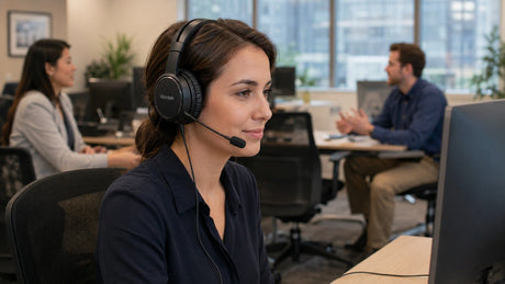 Wantek wired headset with boom microphone used for calls in a busy office