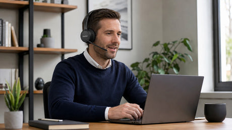Wantek wireless headset with boom microphone used for a professional video call