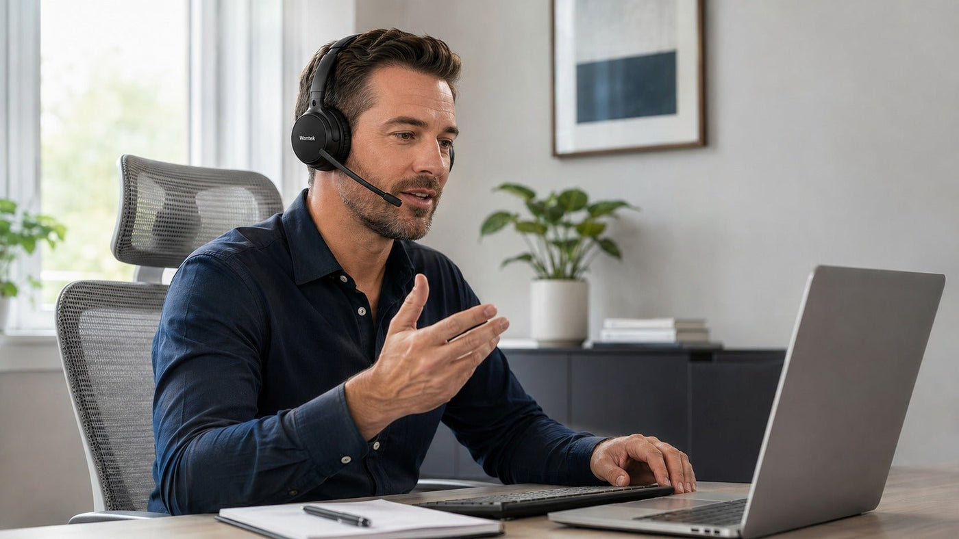 Wantek wireless headset with boom mic used for professional office calls