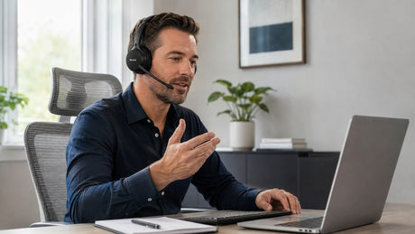Wantek wireless headset with boom mic used for professional office calls