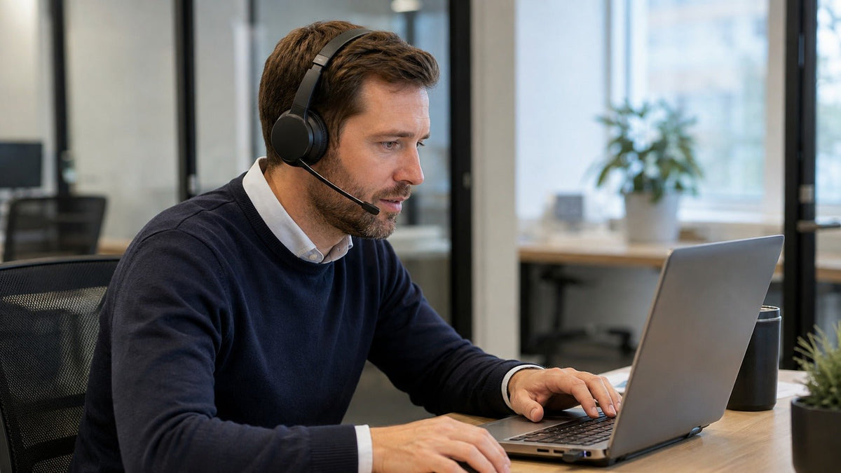 Wantek BT-186 wireless USB headset used for a PC work call with a USB dongle connected to a laptop