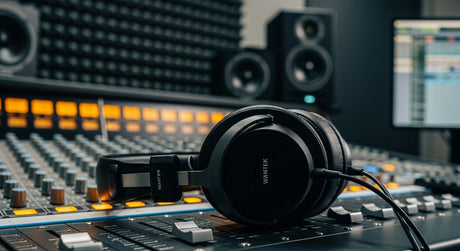 Black over-ear headphones resting on a mixing console in a recording studio.