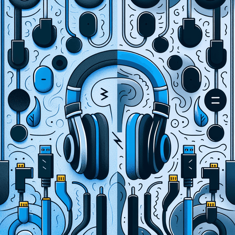 Illustration comparing Bluetooth and Wi-Fi wireless technologies with headphones, earbuds, and USB cables in blue and black