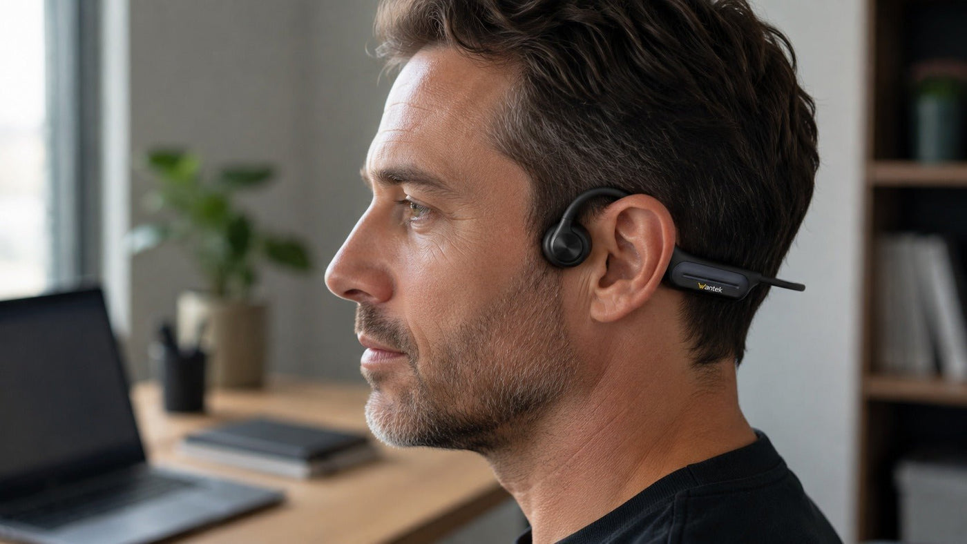 Wantek bone conduction headphones positioned in front of the ear for open-ear listening