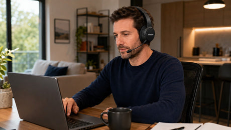 Remote professional wearing a Wantek headset during a video call in a modern home office