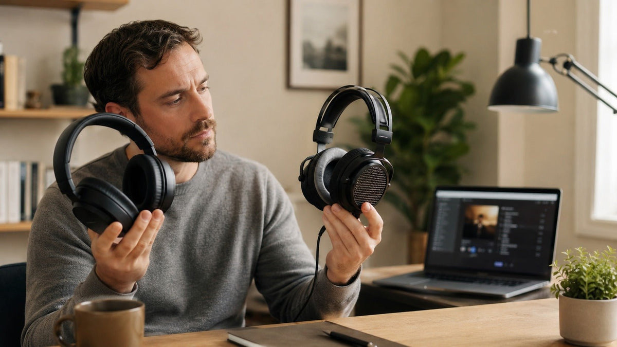 Standard vs audiophile headphones comparison on a home listening desk