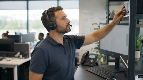 Call center agent using a Wantek wireless headset while moving away from the workstation during a call