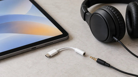 Tablet next to wired headphones and a USB-C to 3.5 mm audio adapter on a desk