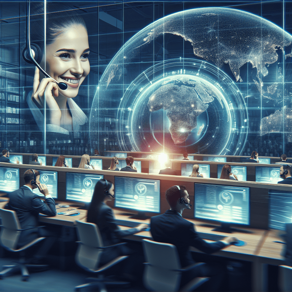 Call center with operators using Wantek headsets and computers, digital global network display on wall