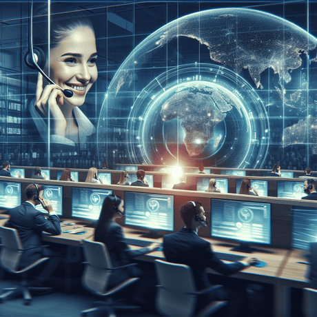 Call center with operators using Wantek headsets and computers, digital global network display on wall